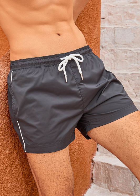Shorter Length Dark Grey Tailored Swim Shorts with Contrast Piping