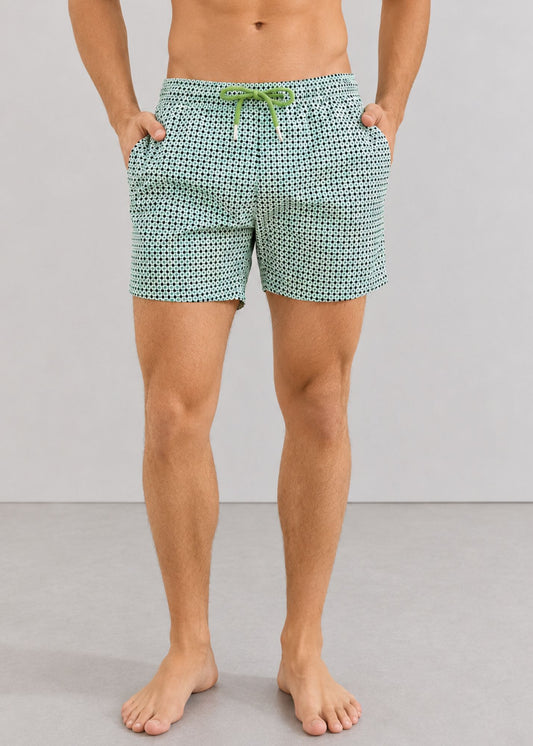 Mid Length White Green Polka Dot Swim Shorts with Drawcord