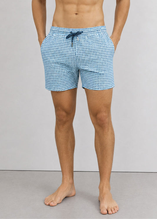Mid Length White Teal Polka Dot Swim Shorts with Drawcord
