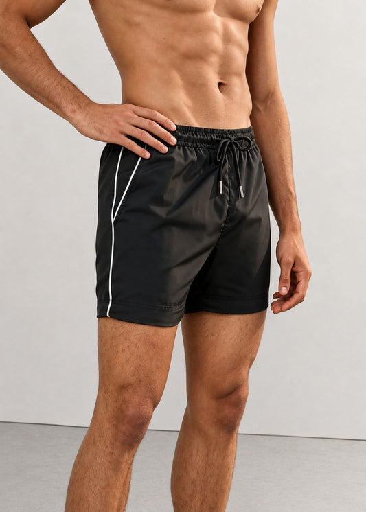 Black Plain Tailored Swim Shorts with Contrast Piping