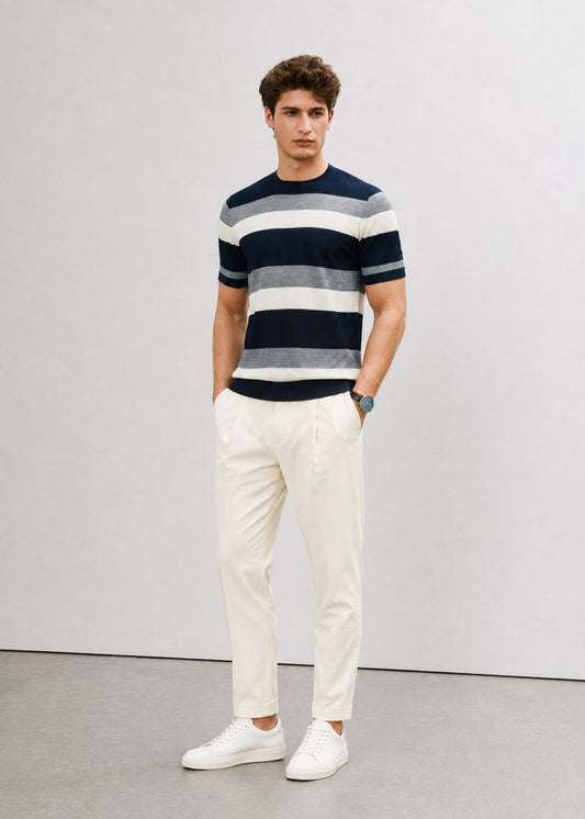 Men's Beige & Navy Short Sleeve Striped Knitted Top