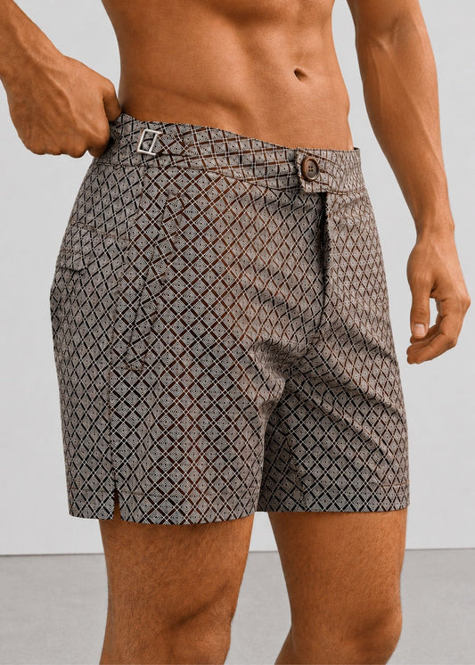 Long Length Brown Geometric Print Swim Shorts