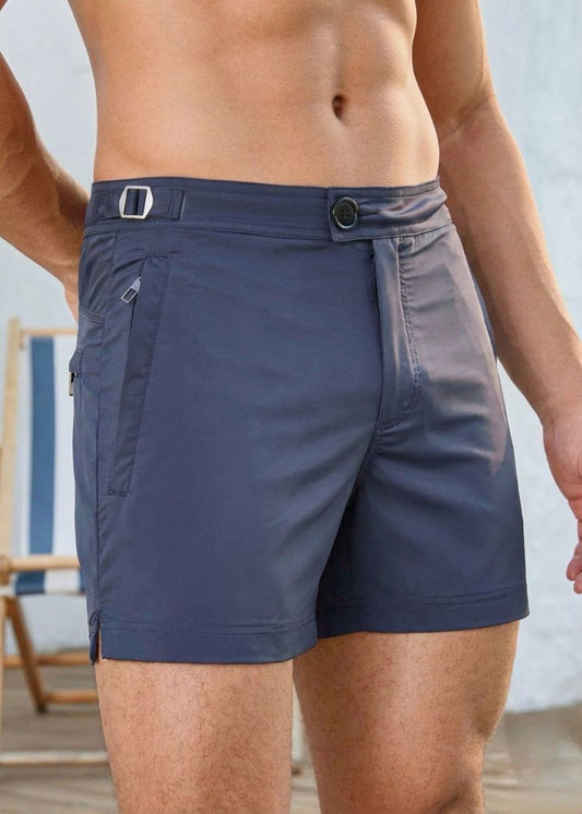 Classic Plain Navy Long Length Swim Shorts With Adjustable Waist