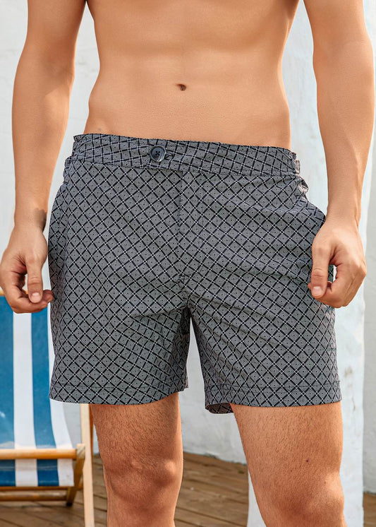 Long Length Dark Grey Geometric Print Swim Shorts