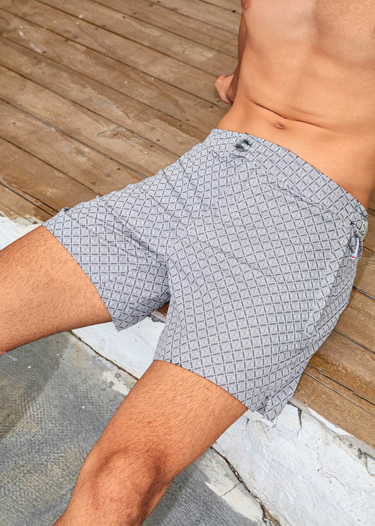 Long Length Light Grey Geometric Print Swim Shorts