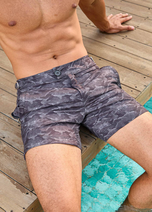 Long Length Light Grey Camouflage Swim Shorts