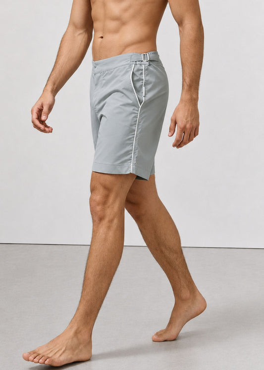 Long Length Light Grey Plain Swim Shorts With Contrast Piping