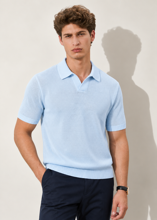 Fine-Knit Relaxed Fit Open Collar Polo Shirt - Light Blue