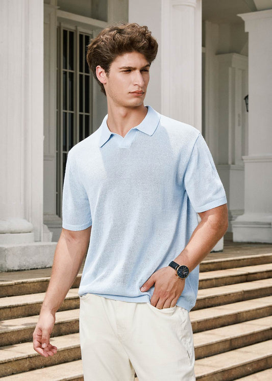 Fine-Knit Relaxed Fit Open Collar Polo Shirt - Light Blue