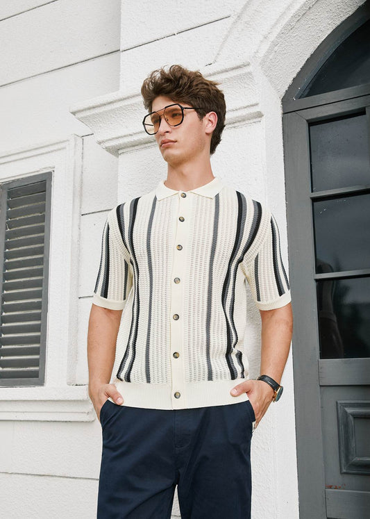 Grey & Black Striped Fine-Knit Polo Shirt - White