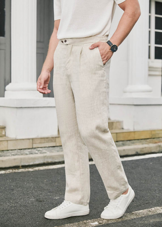 Pleated Pure Linen Straight Leg Trousers - Beige