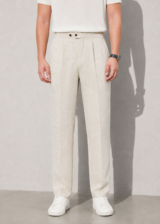 Pleated Pure Linen Straight Leg Trousers - Beige
