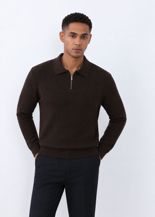 Wool Blend Zip Neck Polo in Dark Brown Melange