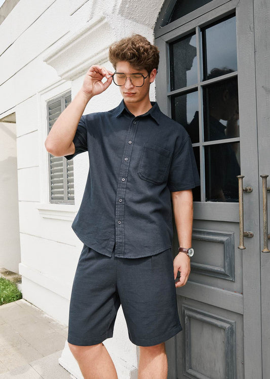 Pure Cotton Relaxed Fit Simple Button-Down Shirt - Navy