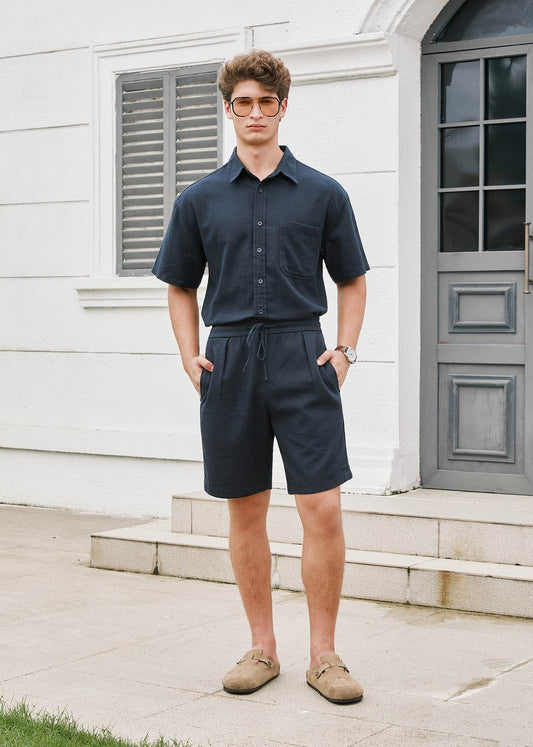 Textured Drawstring Pure Cotton Shorts - Navy