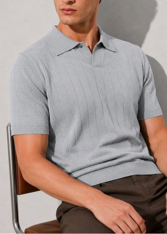 Grey Knitted Short Sleeve Polo Shirt