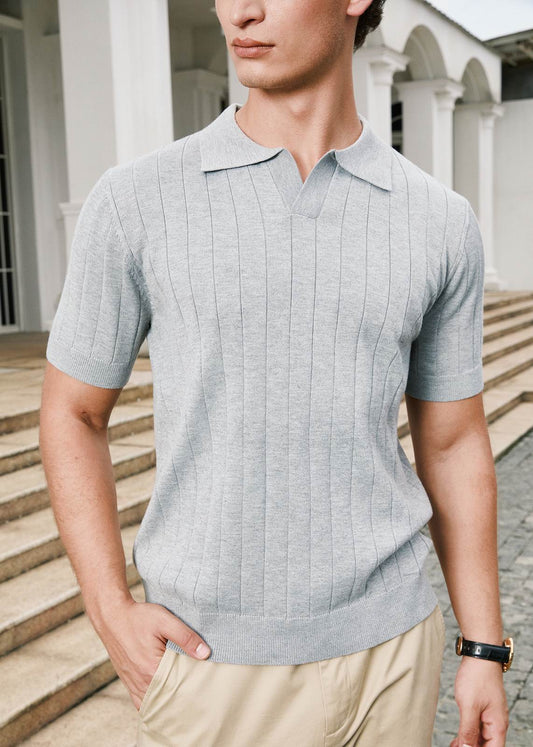 Grey Knitted Short Sleeve Polo Shirt