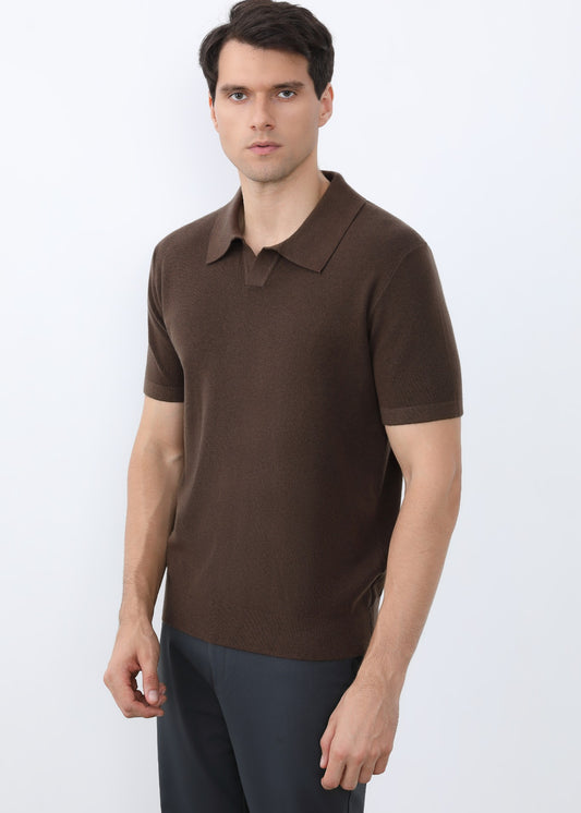 Open Neck Knitted Polo Shirt in Brown