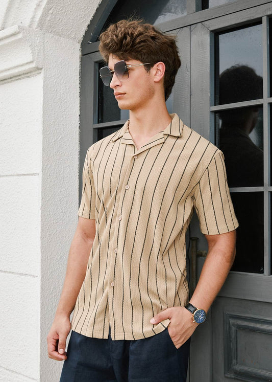 Relaxed Open Collar Plain Black Striped Shirt - Mocha
