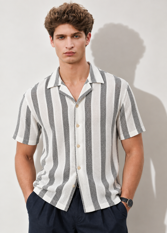 Men's Vertical Striped Polo Shirt - White & Light Blue