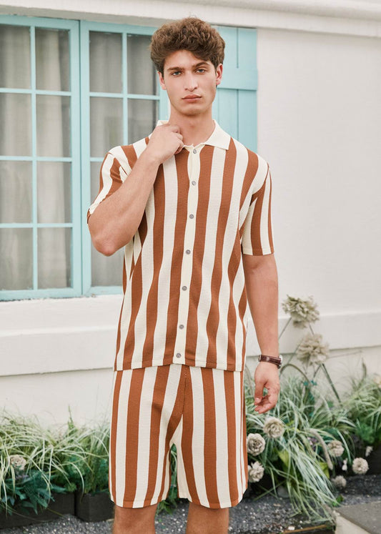 Textured Fine-Knit Vertical Stripe Polo Shirt - Beige & Mocha