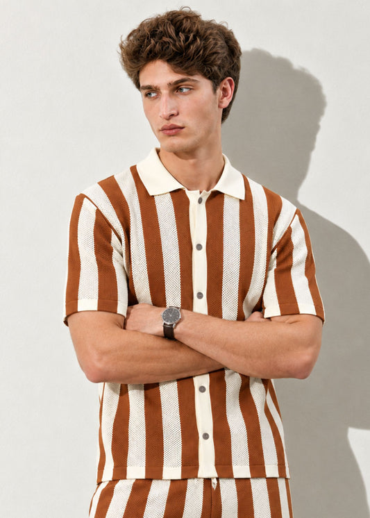 Textured Fine-Knit Vertical Stripe Polo Shirt - Beige & Mocha