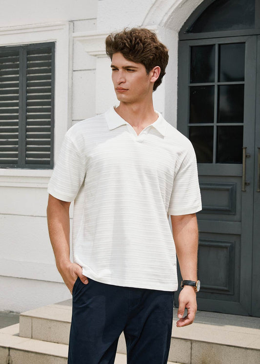 Open Collar Fine Knit Polo Shirt - White
