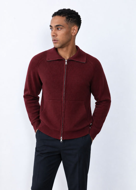 Ribbed Zip Through Knitted Cardigan in Burgundy