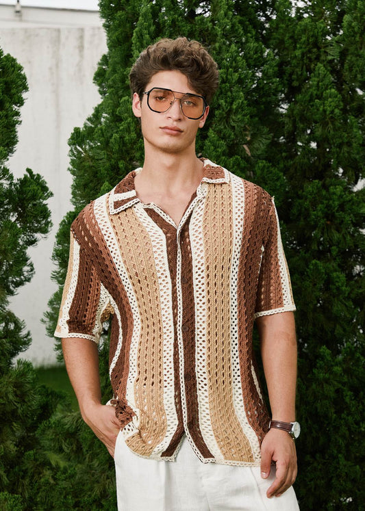 Cotton Knit Striped Resort Shirt - Beige & Mocha