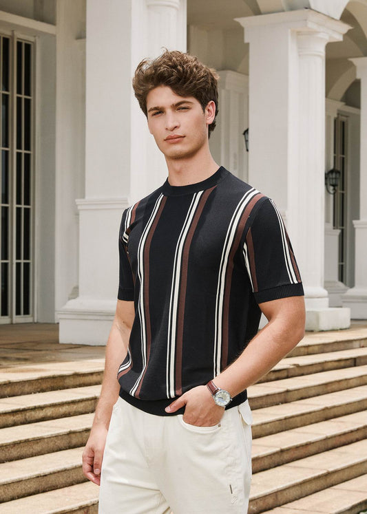 Short Sleeve Crew Neck Block Stripe Top in Black & Brown