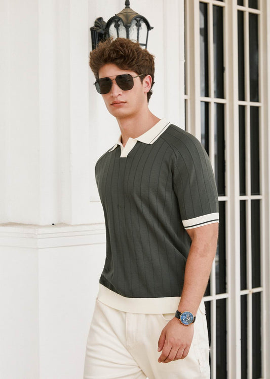 Open Collar Relaxed Fit Breathable Polo Shirt in Green & Cream