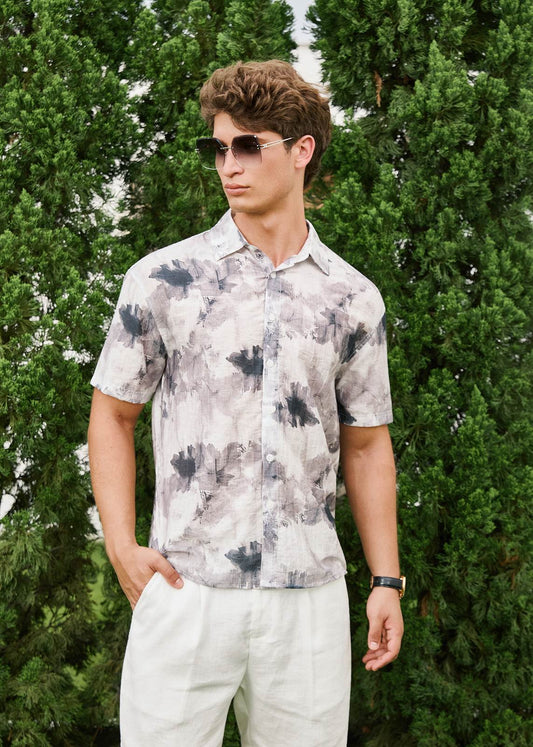 Summer Casual Printed Pattern Shirt in White & Grey