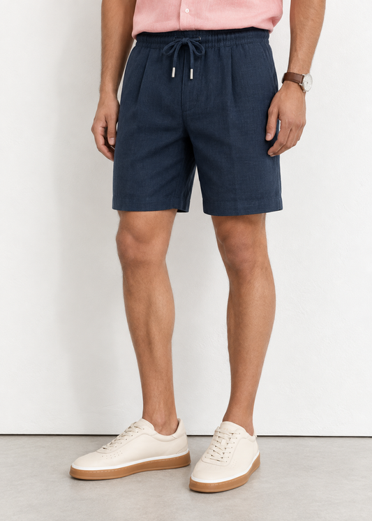 Drawstring Pleated Relaxed Fit Elastic Waist Shorts - Navy