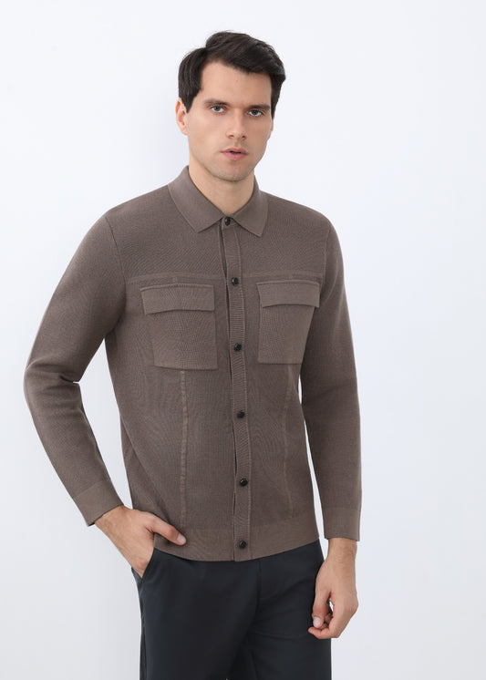 Wool Blend Knitted Over Shirt in Mocha Brown