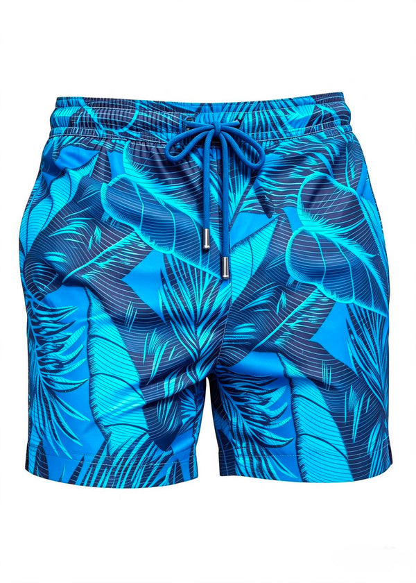 Shorter Length Palm Blue Print Swim Shorts with Drawcord