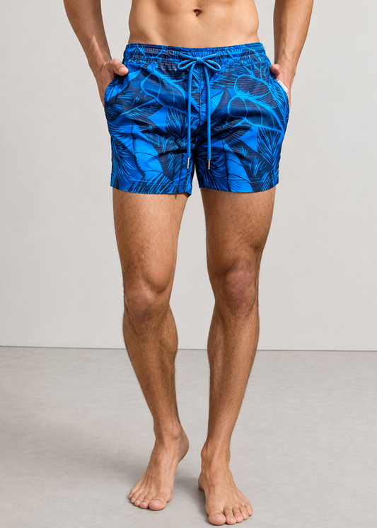 Shorter Length Palm Blue Print Swim Shorts with Drawcord