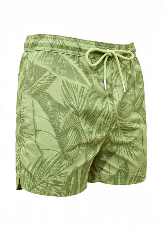 Mid Length Drawcord Swim Shorts in Green Palm Print