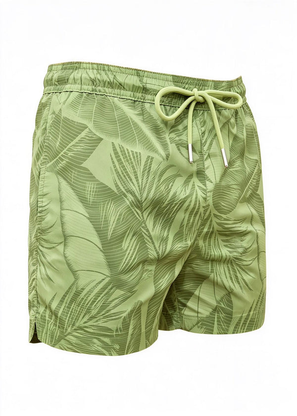 Mid Length Drawcord Swim Shorts in Green Palm Print