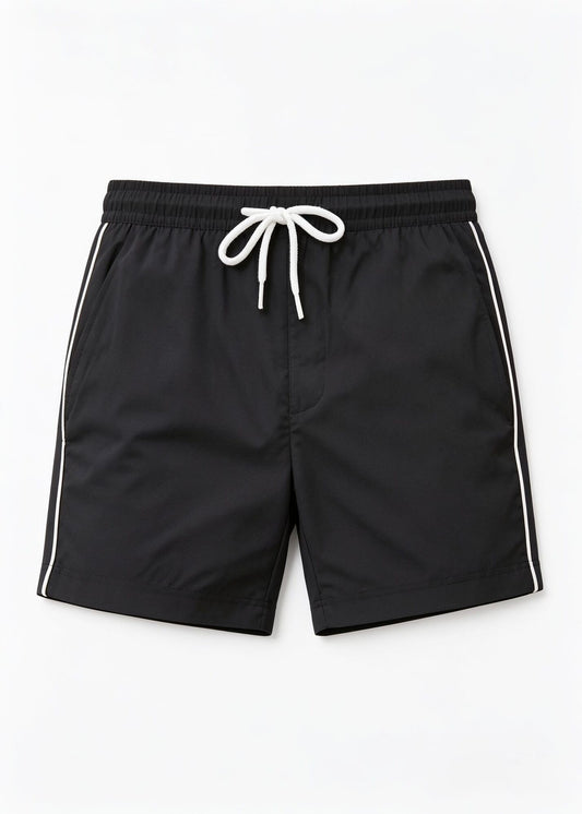 Shorter Length Black Plain Tailored Swim Shorts with Contrast Piping