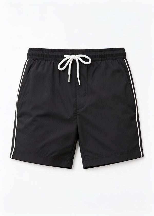 Shorter Length Black Plain Tailored Swim Shorts with Contrast Piping