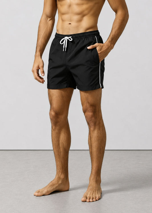 Shorter Length Black Plain Tailored Swim Shorts with Contrast Piping