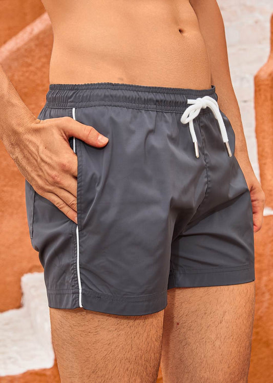 Shorter Length Dark Grey Tailored Swim Shorts with Contrast Piping