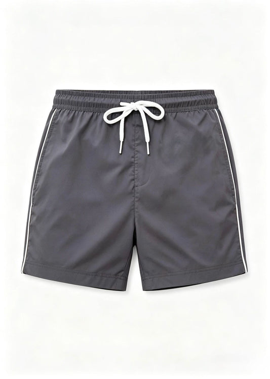 Shorter Length Dark Grey  Plain Tailored Swim Shorts with Contrast Piping