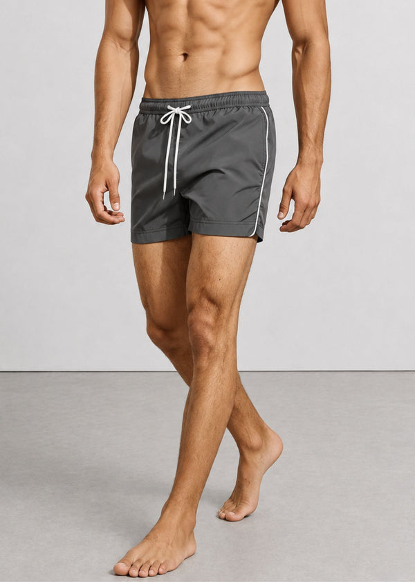 Shorter Length Dark Grey  Plain Tailored Swim Shorts with Contrast Piping