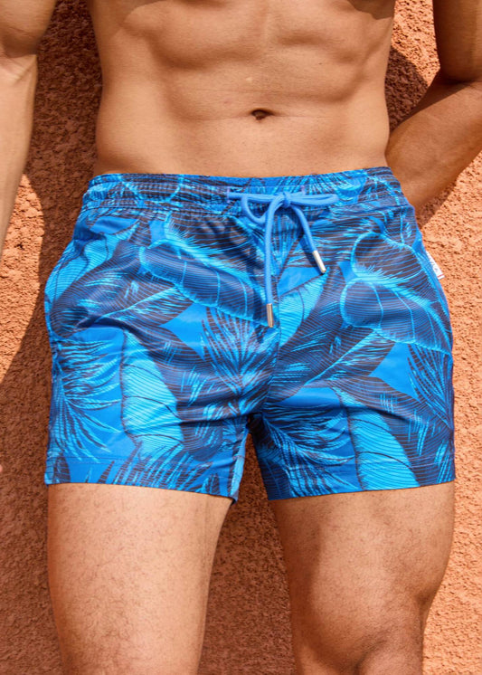 Shorter Length Palm Blue Print Swim Shorts with Drawcord