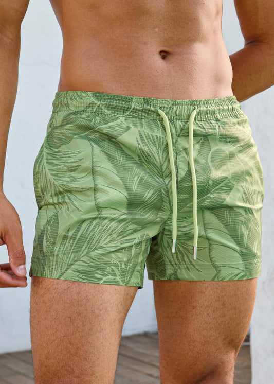 Shorter Length Palm Green Print Swim Shorts with Drawcord