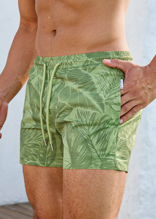 Shorter Length Palm Green Print Swim Shorts with Drawcord