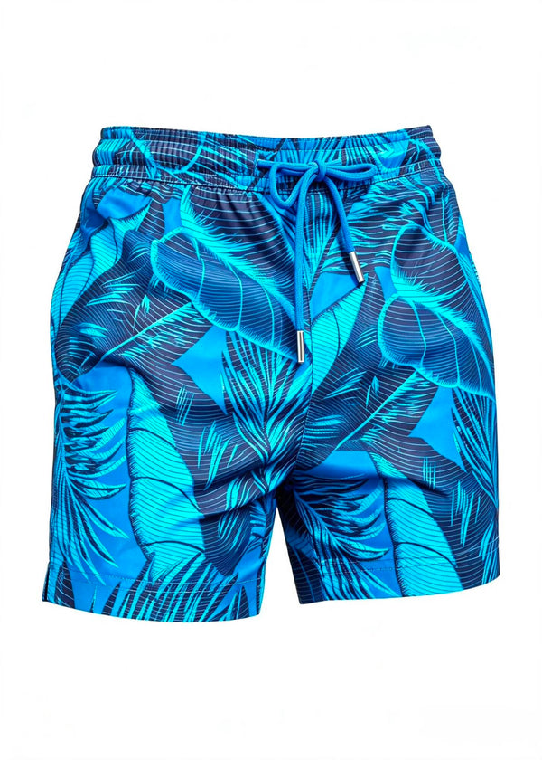 Mid Length Drawcord Swim Shorts in Blue Palm Print