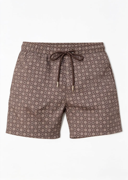 Mid Length Octagon Brown Print Swim Shorts with Adjustable Drawcord