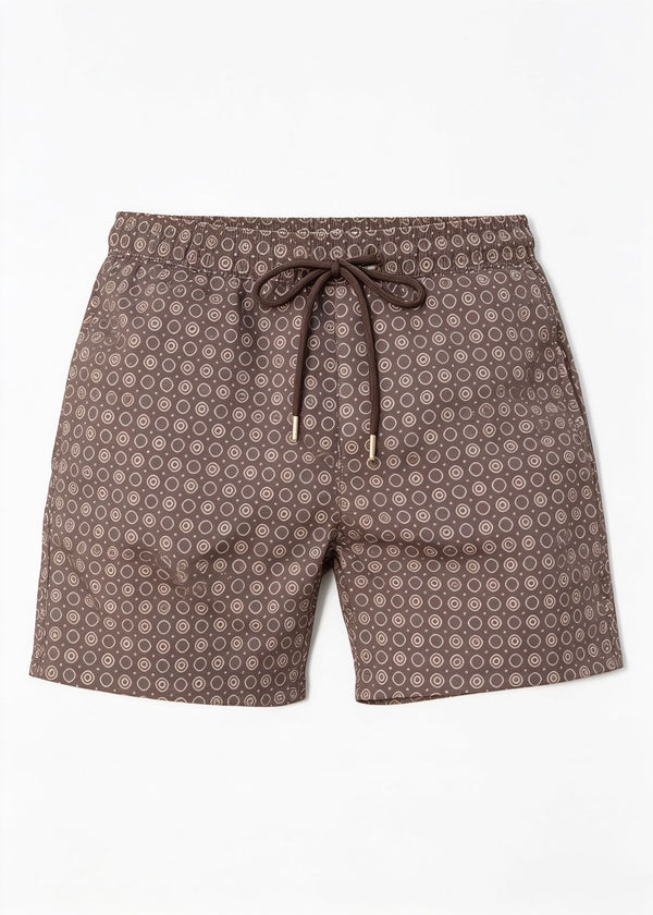 Mid Length Octagon Brown Print Swim Shorts with Adjustable Drawcord